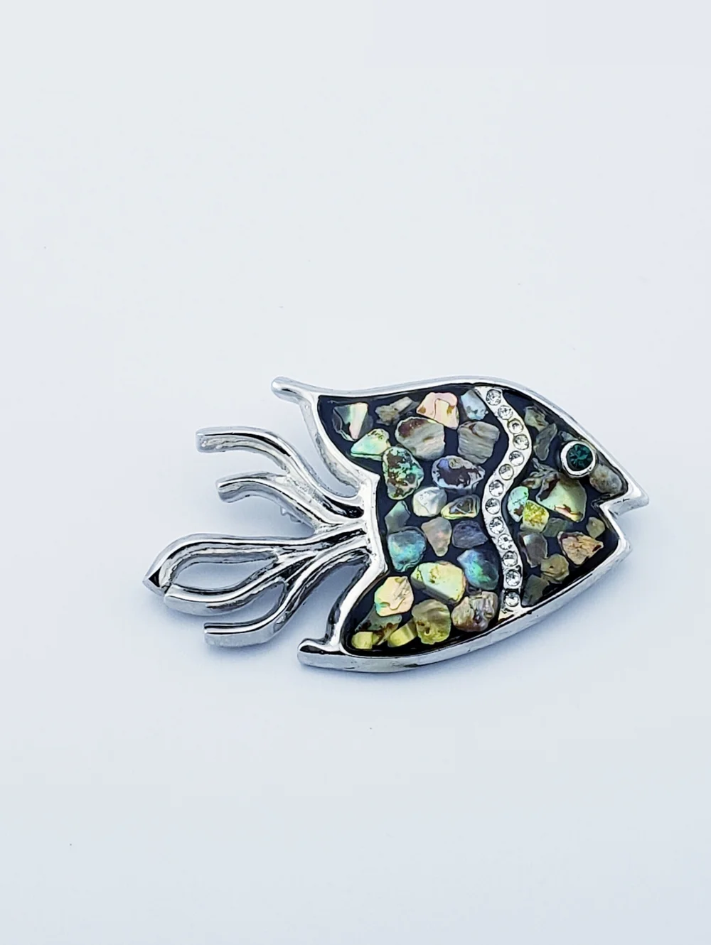 Silver Tone Pebbled Abalone Mosaic Fish Brooch - Multicolor
